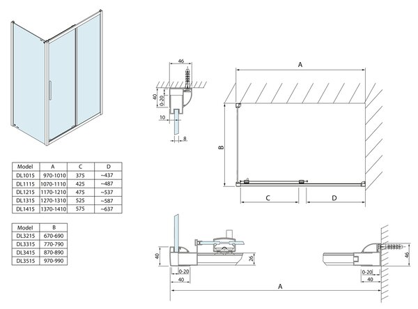 Polysan Polysan, Lucis Line paravan de duș dreptunghiular 1000x800mm varianta L/P, DL1015DL3315