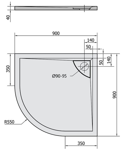 Polysan Polysan, cadă de duș din marmură turnată LUSSA cu capac, sfert de cerc 90x90x4cm, R550, 71602