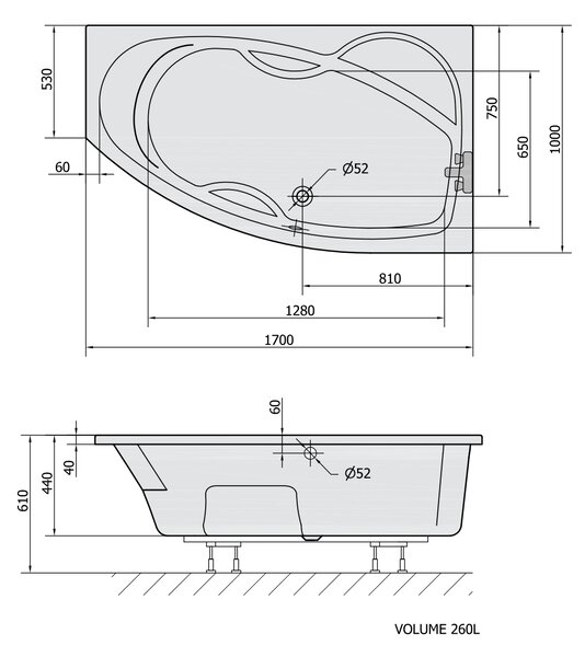 Polysan Polysan, cadă asimetrică MAMBA R 170x100x44cm, albă, 77111