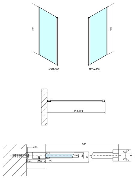 Polysan Polysan, perete DUȘ MODULAR pentru instalare pe perete, pentru conectarea unui panou rotativ 1000 mm, MS3A-100