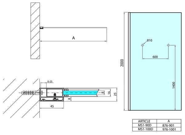 Polysan Polysan, perete DUȘ MODULAR pentru montaj pe perete, dintr-o bucată, 900 mm, cu orificii pentru suport pentru prosoape, MS1-90-D