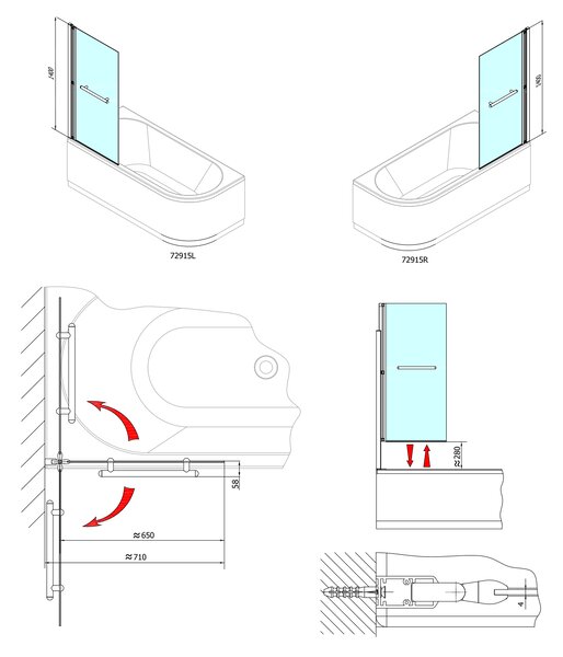 Polysan Polysan, paravan pneumatic RIONI 710 mm, cadru argintiu, sticla transparenta, 72915