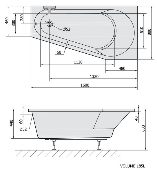 Polysan Polysan, cada asimetrică PROJEKTA R 160x80x44cm, alb, 21111