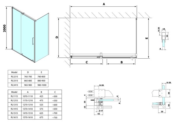 Polysan Sapho, paravan de duș dreptunghiular ROLLS LINE 1100x800 mm, versiune L/R, sticlă transparentă