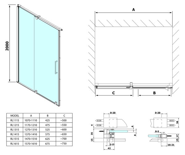 Polysan Sapho, usa de dus ROLLS LINE 1300mm, inaltime 2000mm, sticla transparenta