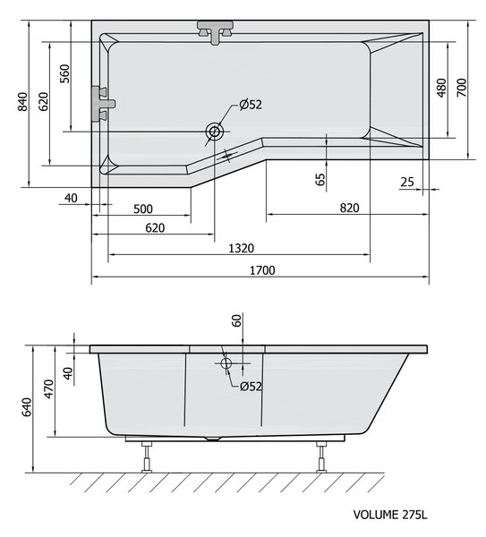 Polysan Polysan, VERSYS L cada asimetrică 170x84x70x47cm, alb, 70111