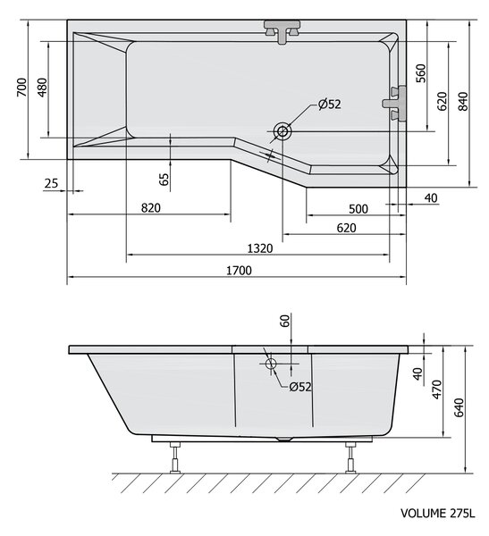 Polysan Polysan, cada asimetrică VERSYS R 170x84x70x47cm, alb, 70611