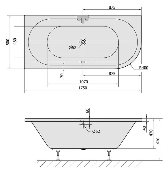 Polysan Polysan, cada asimetrică VIVA L 175x80x47cm, alb, 70119