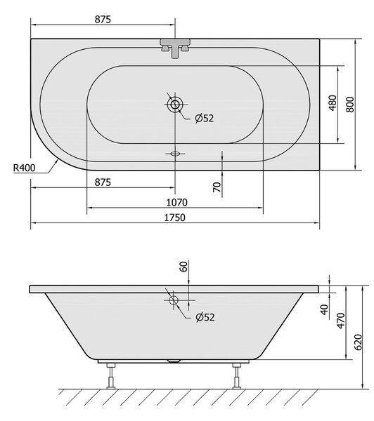 Polysan Polysan, cada asimetrică VIVA R 175x80x47cm, alb, 78119