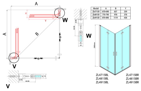 Polysan Polysan, paravan de duș pătrat ZOOM BLACK 900x900mm, intrare colț, ZL4915BL-02