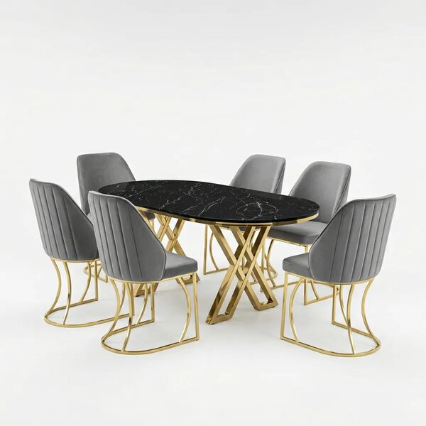 Set Masă și 6 Scaune Milano, Stil Elegant, Detalii Aurii, 90x180 cm, Blat Marmorat Negru,Gray