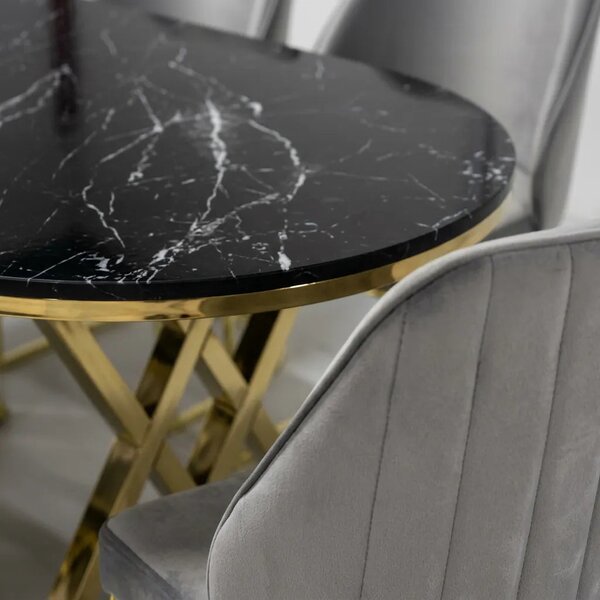 Set Masă și 6 Scaune Milano, Stil Elegant, Detalii Aurii, 90x180 cm, Blat Marmorat Negru,Gray