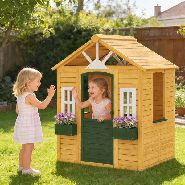 AIYAPLAY Căsuță de Grădină pentru Copii din Lemn de Molid, Căsuță de Exterior cu 3 Ferestre, 2 Jardiniere, Ușă și Acoperiș, pentru Copii 3-8 Ani, Interior și Exterior, 134.5x97x150 cm, Maro | Aosom Romania