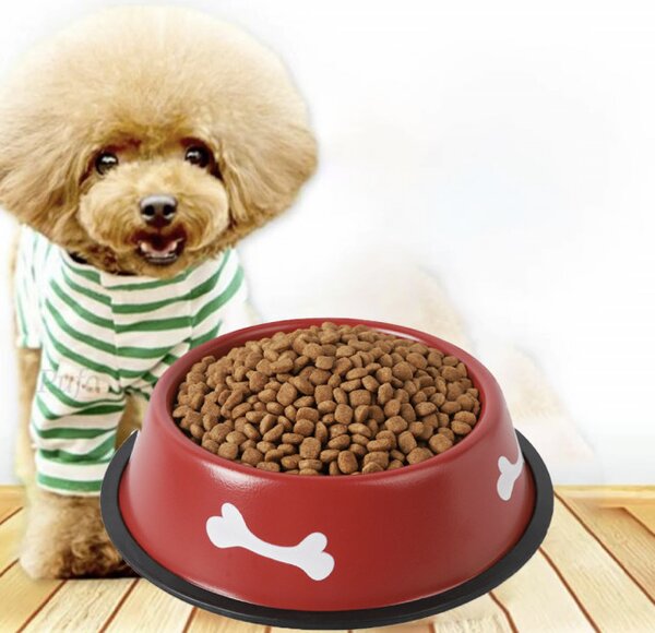 Castron metalic pentru mancare sau apa la caini, Pufo Puppy, antirerapant, rosu