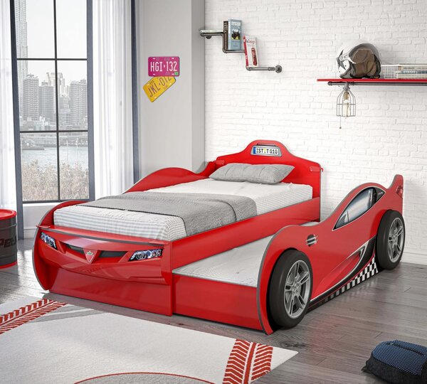 Pat masinuta pentru copii Race Cup Red (190x90 cm) cu pat suplimentar (90x180 cm)