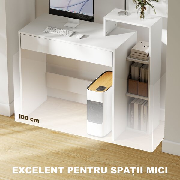 HOMCOM Compact Computer Desk with 3 Storage Shelves and Drawer, Space Saving Writing Desk, Study Table for Home Office, 110 x 40 x 92 cm, White | Aosom Romania