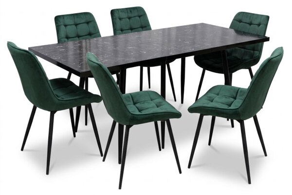 Set masă extensibilă Lisabona Negru Marmorat cu 6 Scaune Onix Verde Închis
