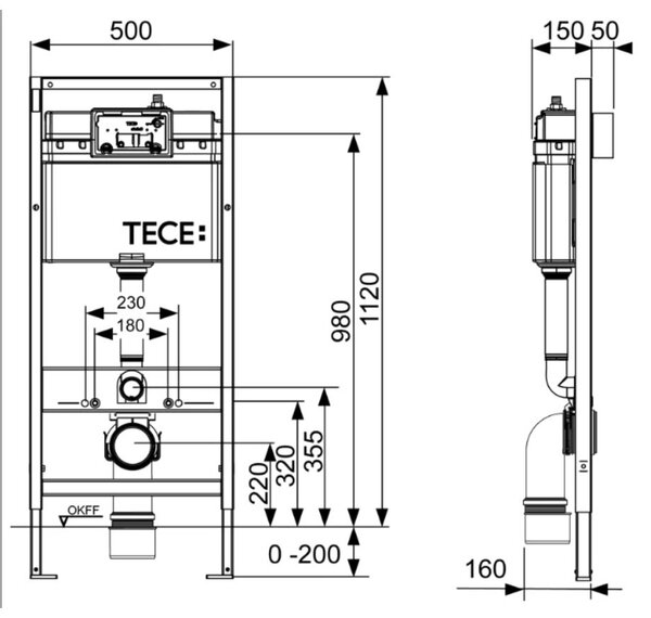 Tece Teceprofil, SET 4 în 1 modul de instalare încastrat pentru WC suspendat h112 l50 cm + buton cromat + mâner + izolație fonică, 9400412