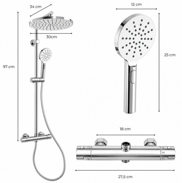 Erga Dubai, set de duș cu baterie termostatică și cap de duș de 30 cm, cromat, ERG-YKA-BP.DUBAJ-THERM-30-CHR