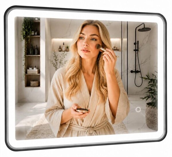 Erga Sari, oglindă LED cu ramă neagră, încălzire și control tactil, 80 × 60 cm, negru mat, ERG-YKA-MR.SARI-BLK-60X80