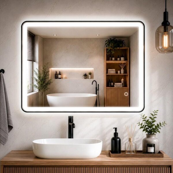Erga Sari, oglindă LED cu ramă neagră, încălzire și control tactil, 80 × 60 cm, negru mat, ERG-YKA-MR.SARI-BLK-60X80