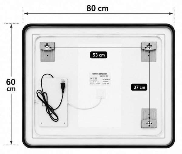 Erga Sari, oglindă LED cu ramă neagră, încălzire și control tactil, 80 × 60 cm, negru mat, ERG-YKA-MR.SARI-BLK-60X80