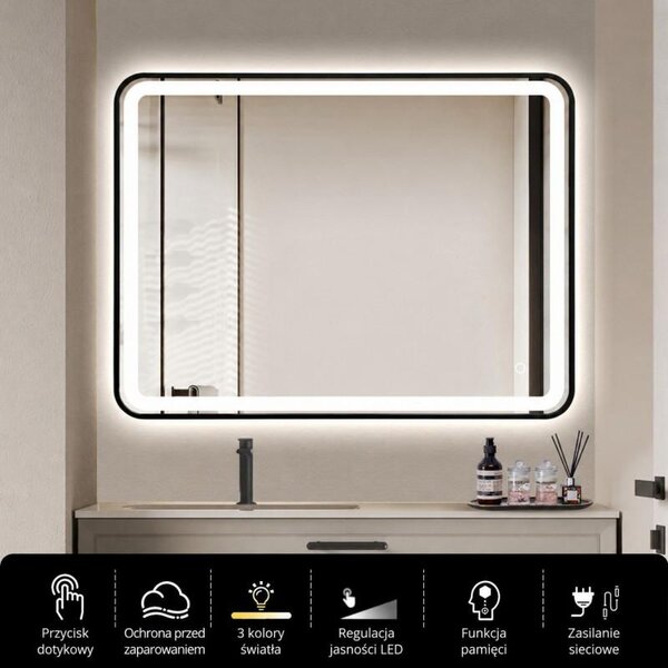 Erga Sari, oglindă LED cu ramă neagră, încălzire și control tactil, 80 × 60 cm, negru mat, ERG-YKA-MR.SARI-BLK-60X80