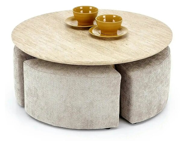 Set masuta cafea si 4 taburete NUGAT, bej cu efect de piatra travertin