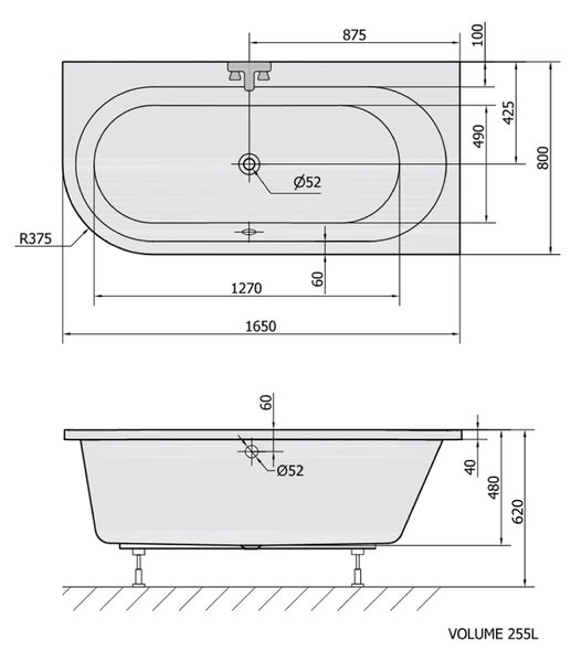 Polysan Polysan, cadă asimetrică ASTRA R 165x80x48cm, alb, 34611