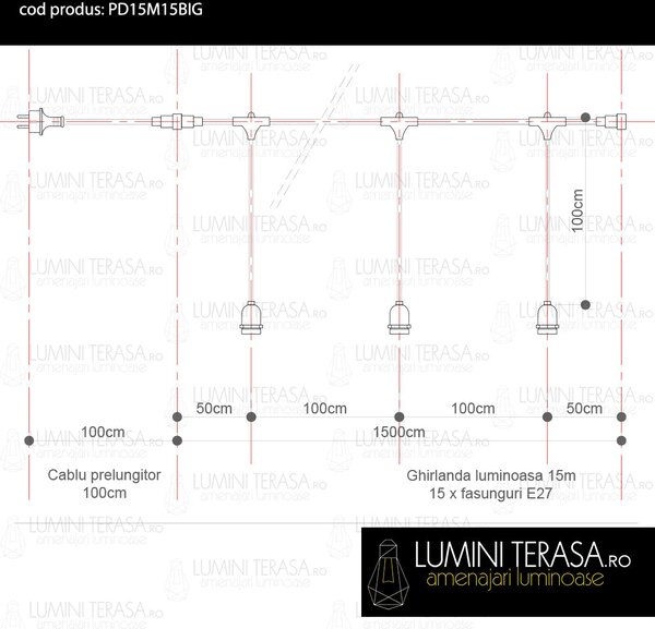 Cablu Ghirlanda Luminoasa 15 m. cu 15 fasunguri E27 - pendul 1m. interconectabila