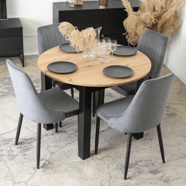 Set de dining HARRY, masă 102–142 cm, stejar Artisan/negru, cu 4 scaune BARI gri