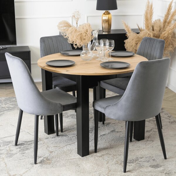 Set de dining HARRY, masă 102–142 cm, stejar Artisan/negru, cu 4 scaune BARI gri