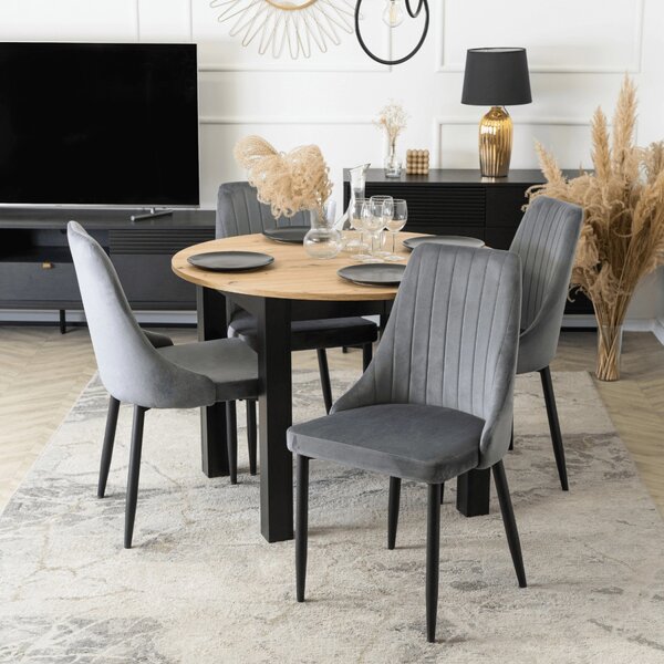 Set de dining HARRY, masă 102–142 cm, stejar Artisan/negru, cu 4 scaune BARI gri