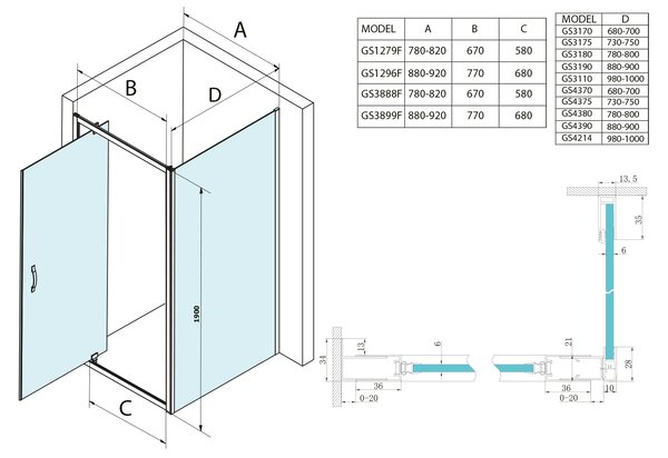 Gelco Gelco, SIGMA SIMPLY paravan de duș dreptunghiular ușă pivotant 900x700mm varianta L/P, sticlă cărămidă, GS3899GS4370