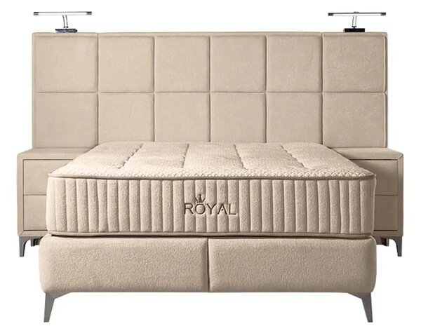 Pat ROYAL 160x200, stofa catifelata crem - Luna 21, cu somiera si spat