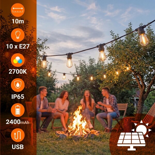LED Stm ghirlandă decorativă solară 10xE27/3V USB 2400 mAh 10,62 m IP65 neagră + telecomandă