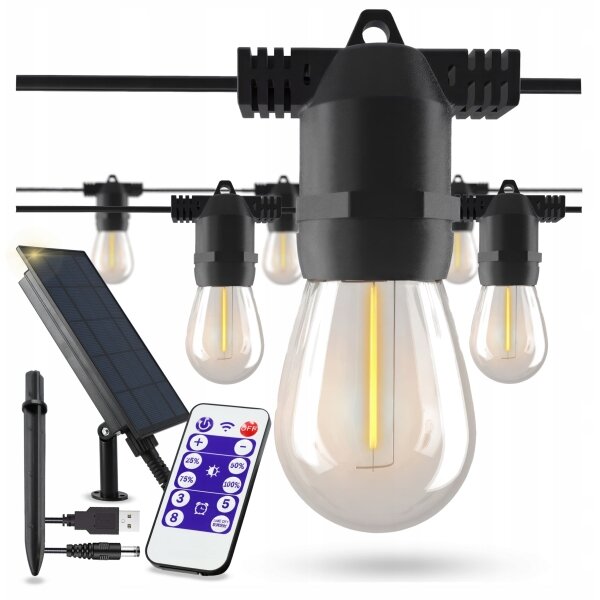 Ghirlandă decorativă LED solară reglabilă 20xE27/3V USB 2400 mAh 20,62 m IP65 negru + telecomandă
