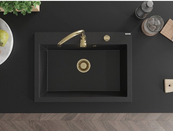 Mexen Elix, chiuvetă granit cu 1 vas 700 x 500 mm, negru/argintiu metalic, sifon auriu, 6526701005-73-G