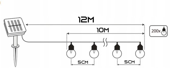Ghirlandă solară decorativă cu LED, 200 LED/1,2 V, 800 mAh, 12 m, IP44, negru