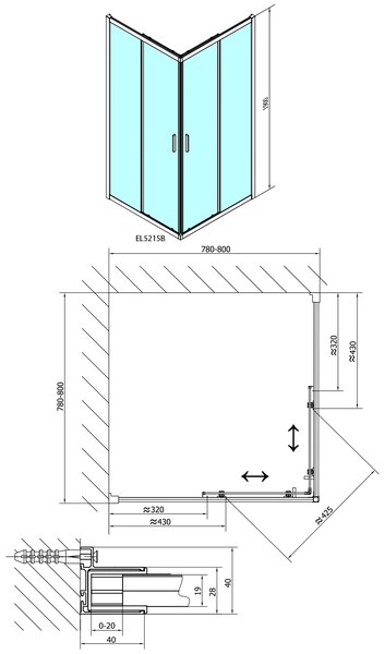 Polysan Polysan, paravan de duș pătrat EASY BLACK 800x800mm, sticlă transparentă, EL5215B