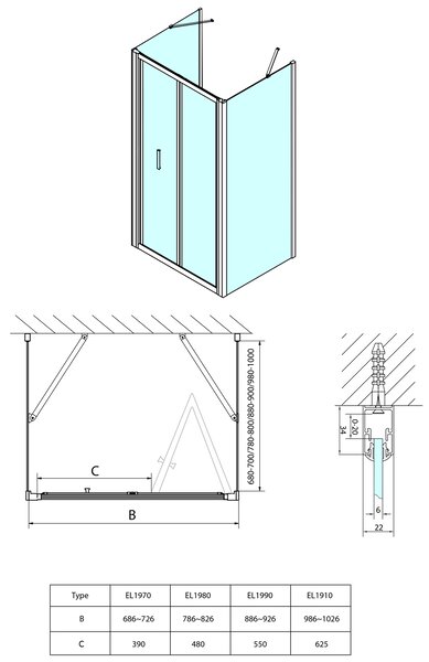 Polysan Polysan, cabină de duș EASY trei pereți 900x700mm, ușă rabatabilă, varianta L/R, sticlă transparentă, EL1990EL3115EL3115