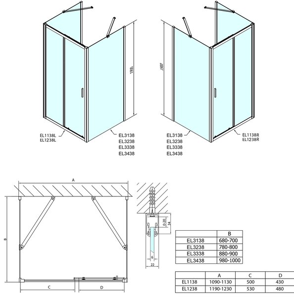 Polysan Polysan, colț de duș EASY, trei pereți 1100x800mm, versiune L/R, sticlă cărămidă, EL1138EL3238EL3238