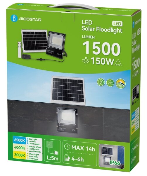 Aigostar-LED Proiector solar LED/150W/3,2V 3000mAh 3000K/4000K/6500K IP66 + telecomandă