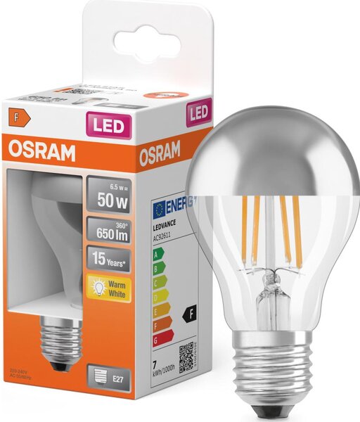 Bec LED cu vârf oglindă FILAMENT E27/6,5W/230V 2700K argintiu- Osram