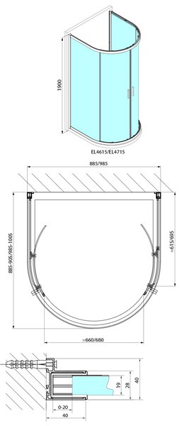 Polysan Polysan, paravan de duș semicircular EASY, 1000x1000mm, sticlă transparentă, EL4715