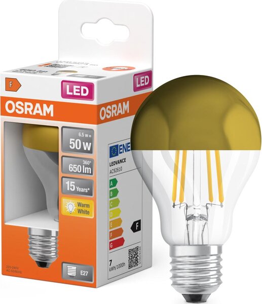 Bec LED cu vârf oglindă FILAMENT E27/6,5W/230V 2700K auriu - Osram