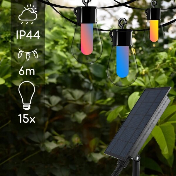 Ghirlandă decorativă solară LED RGB 15x LED/18 funcții USB 6 m IP44 neagră