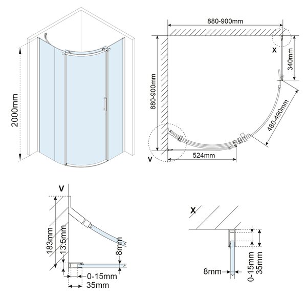 Polysan Polysan, paravan de duș THRON ROUND cu sfert de cerc 900x900mm, sticlă transparentă, stânga, TL2690-5005