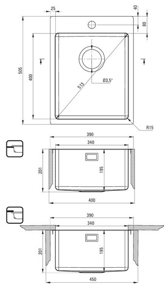 Chiuvetă Deante Olfato din oțel inoxidabil cu 1 cuvă, 390x505x200 mm, bronz periat, DEA-ZPO_C10E