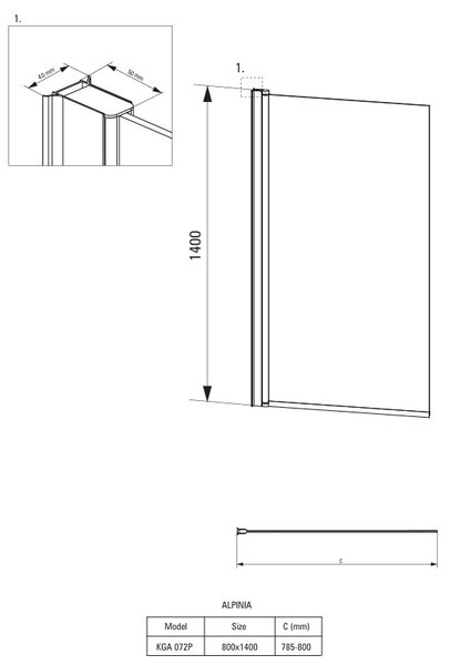 Deante Alpinia, paravan cadă 80x140 cm, aripă pivotantă cu balamale de ridicare, sticlă transparentă de 6 mm, profil cromat, DEA-KGA_072P